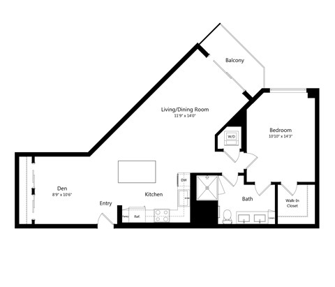 Floor plan for 1 bed, 1 bath, 934 sqft